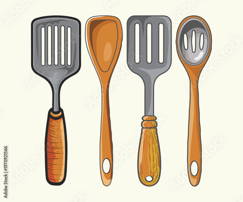 Set of kitchen utensils in vintage style vector illustration cooking equipment design.