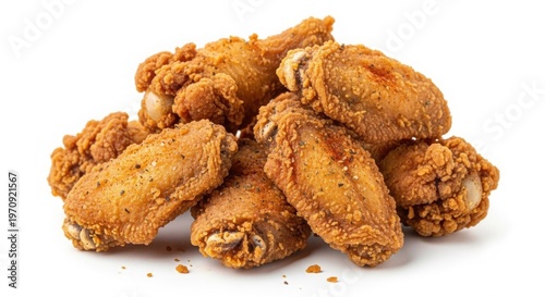 Crispy golden fried chicken wings, pile of breaded buffalo wings with crunchy texture, delicious deep fried poultry snacks for fast food menu isolated on White Background
