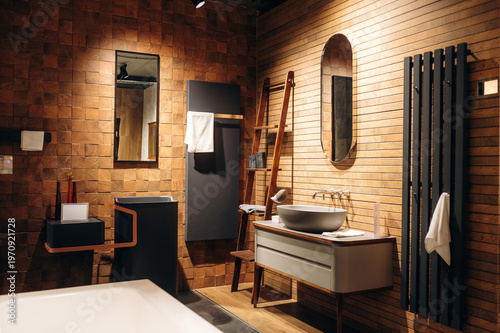 Cuadro en lienzo Modern bathroom interior featuring wooden wall tiles, stylish sink, mirror, and
