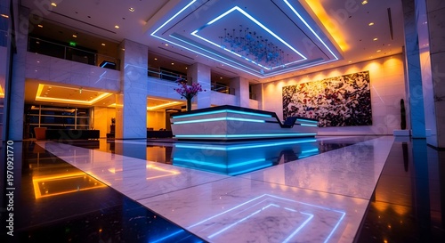 Modern Hotel Lobby Interior with Neon Lighting and Marble Flooring