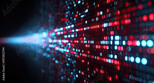 Abstract digital data stream with a bright blue and red light explosion against a black background
