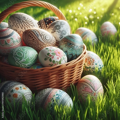 A basket full of beautifully decorated Easter eggs