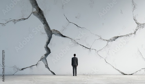 A lone figure in a suit stands before a large, cracked wall, symbolizing challenge and confrontation
