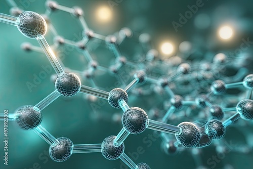 Artistic molecular structure rendering with spheres, lines, and bokeh in shades of green and gray
