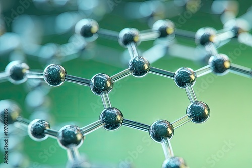 A close-up, stylized digital illustration depicting a molecular structure with interconnected spheres
