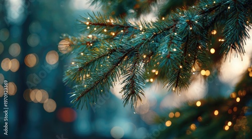 Close-up view of a pine tree branch adorned with tiny, sparkling golden lights