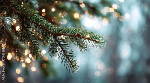 Close-up of evergreen branch with bokeh lights in background for the winter holiday