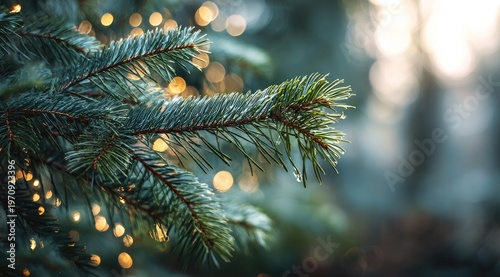 A close-up of evergreen needles against a backdrop of blurred bokeh lights and sunlight