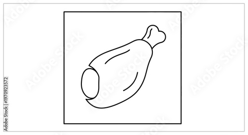 Raw Chicken Leg Quarter with Bone, Simple Line Art Icon, Isolated on White Background