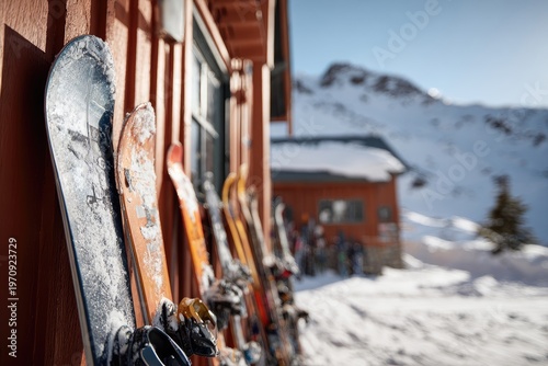 Skis and snowboards lean against a red building, mountain view background