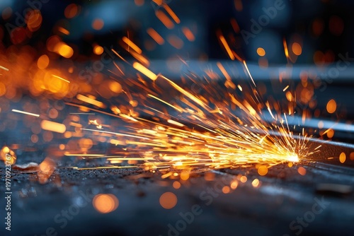 Intense close-up shows fiery sparks bursting from metal during a manufacturing process