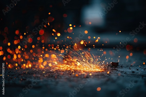 Macro shot of fiery sparks illuminating a dark, blurred background, abstract explosion effect