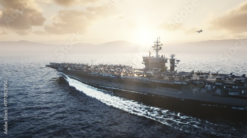 Aircraft Carrier Sailing at Sunset with Fighter Jets on Deck
