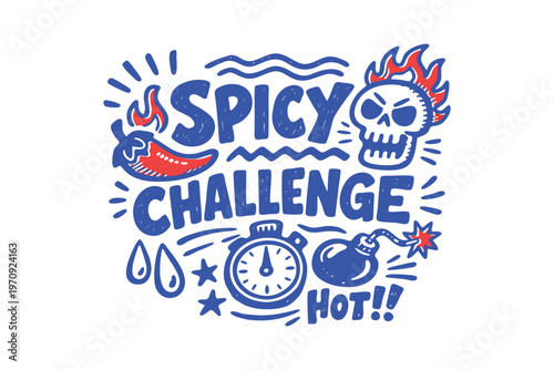 Spicy Challenge Hand-Drawn Doodle Illustration with Chili Pepper and Skull
