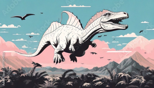 Pixel art dinosaur flying in the sky above mountains.