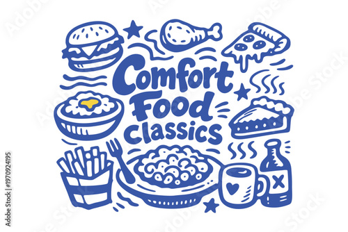 Comfort Food Classics Blue Hand-Drawn Doodle Illustration