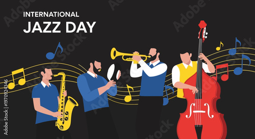 Modern Jazz Band Illustration with Piano, Drums, and Saxophone