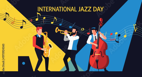 International Jazz Day Band with Piano, Saxophone, and Drums in Geometric Style