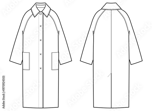 Women Raglan Sleeve Long Coat Fashion Flat Sketch, Minimal Button Front Overcoat Technical Drawing Front Back, Clean Line Art Vector