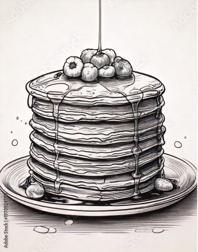 Stack of delicious pancakes with blueberries and syrup.