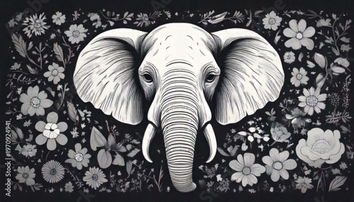 Detailed Elephant Head Surrounded by Floral Pattern.