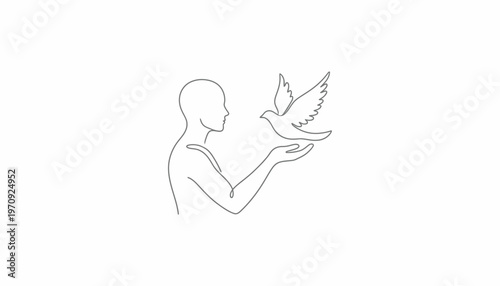 Person releasing a dove, symbolizing freedom, hope, and peace. Minimalist line art.