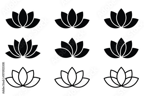 Minimalist lotus flower icon set, black floral silhouette vector elements, 9 zen lily symbols for yoga and wellness branding, simple botanical line art