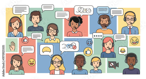 Diverse Group of People in a Virtual Video Conference Meeting with Headsets and Speech Bubbles, Representing Remote Work, Customer Support, and Online Collaboration Vector Illustration