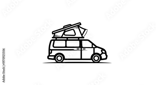 Minimalist Vector Illustration of a Camper Van with a Rooftop Tent for Van Life and Outdoor Adventure