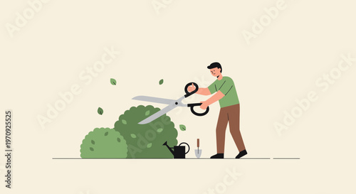 Male Gardener Pruning Green Bushes with Large Shears, Professional Landscaping and Backyard Garden Maintenance Illustration