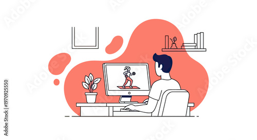 Man Watching Online Fitness Workout Class on Desktop Computer at Home, Virtual Coaching and Healthy Lifestyle Concept Vector Illustration