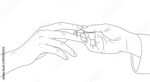 Minimalist Line Art Illustration of Groom Putting a Wedding Ring on Bride's Finger during Marriage Ceremony