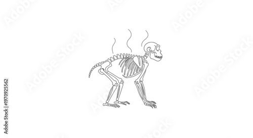 Monkey skeleton with steam rising, evolution concept, funny cartoon style