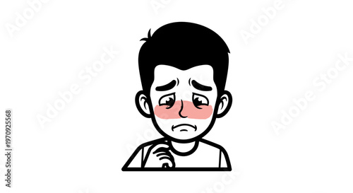 Sad Young Man Feeling Embarrassed and Upset with Blushing Face, Vector Illustration of an Emotional Boy Expressing Regret or Shame