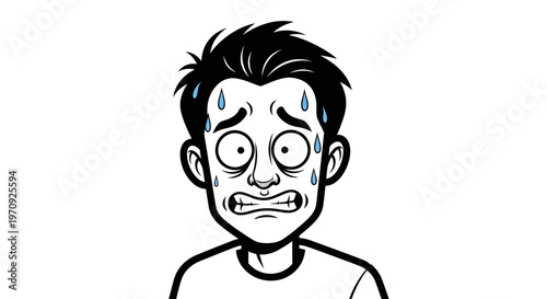 Cartoon Illustration of an Anxious and Stressed Man Sweating Profusely with a Nervous Expression and Gritted Teeth