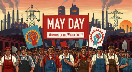 Workers protesting for May Day with signs and industrial factory background