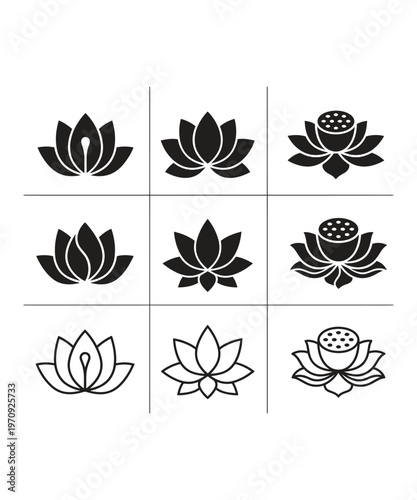 Minimalist lotus flower icon set, 9 black and white floral vector elements, zen yoga and wellness logo symbols, elegant water lily illustrations