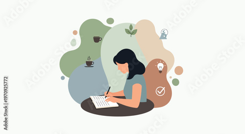 Creative Woman Writing in Notebook for Journaling, Planning and Goal Setting with Abstract Organic Background Shapes