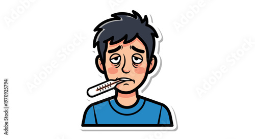 Sick Young Man with Fever and Thermometer in Mouth, Vector Illustration Sticker of a Patient Character