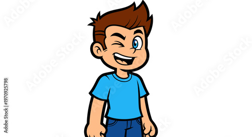 Winking Cartoon Boy Character Illustration of a Happy Smiling Young Male in a Blue T-shirt