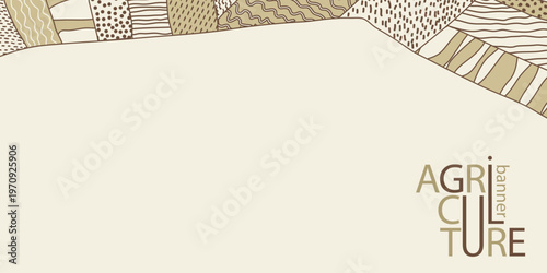 Agriculture field pattern banner, aerial view in a beige, brown colors. Countryside grassland, farm land from top. Geometric farmland patches, padded mosaic country background, abstract patchwork