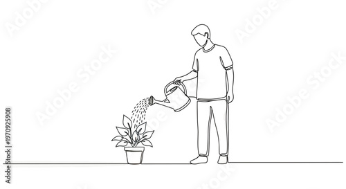 Continuous Line Drawing of a Man Watering a Houseplant in a Pot with a Watering Can, Concept of Gardening, Plant Care, and Growth