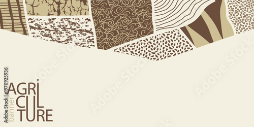 Agriculture field pattern banner, aerial view in a beige, brown colors. Countryside grassland, farm land from top. Geometric farmland patches, padded mosaic country background, abstract patchwork