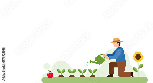 Gardener Watering Young Seedlings in the Garden Flat Vector Illustration