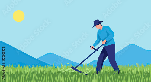 Farmer Mowing Tall Green Grass with a Scythe in a Sunlit Rural Landscape with Mountains