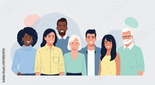 Diverse group of people standing together, multicultural community of smiling men and women, inclusive team of happy colleagues in flat vector style