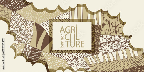 Agriculture field pattern banner, aerial view in a beige, brown colors. Countryside grassland, farm land from top. Geometric farmland patches, padded mosaic country background, abstract patchwork