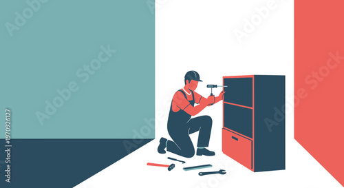 Professional Handyman Assembling Furniture Cabinet with Tools in Minimalist Interior Vector Illustration