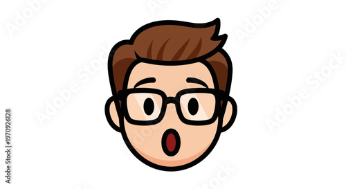 Surprised Man Avatar with Glasses and Open Mouth, Vector Emoji Icon Expressing Shock and Amazement