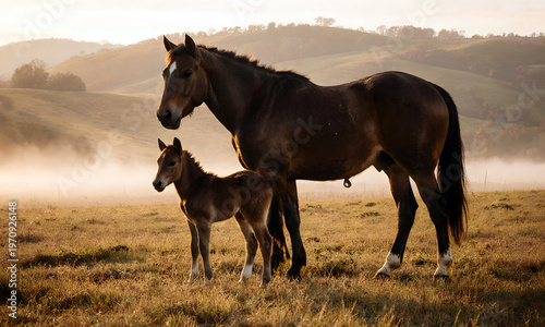 Wallpaper Mural Horses standing together in a misty field at sunrise - Concept of Kentucky Derby 2026   Torontodigital.ca